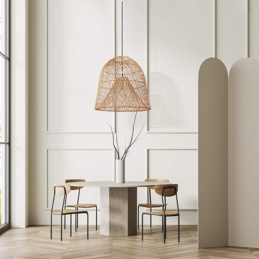 Santa Barbara Rattan Pendant Light - Natural Dome 1-Light Handwoven Light Fixture For Modern, Coastal, Farmhouse Room Décor.