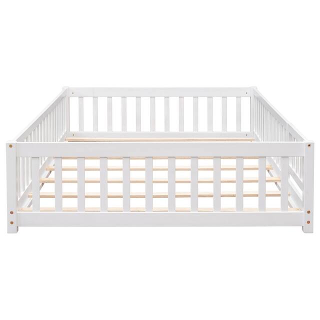 Twin/Full/Queen size Floor Platform Bed with Fence and Door for Kids, Toddlers