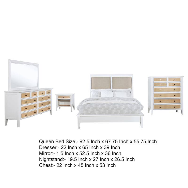 Heo 5pc Queen Bedroom Set, Rattan Woven Drawer, Brown Fabric, White