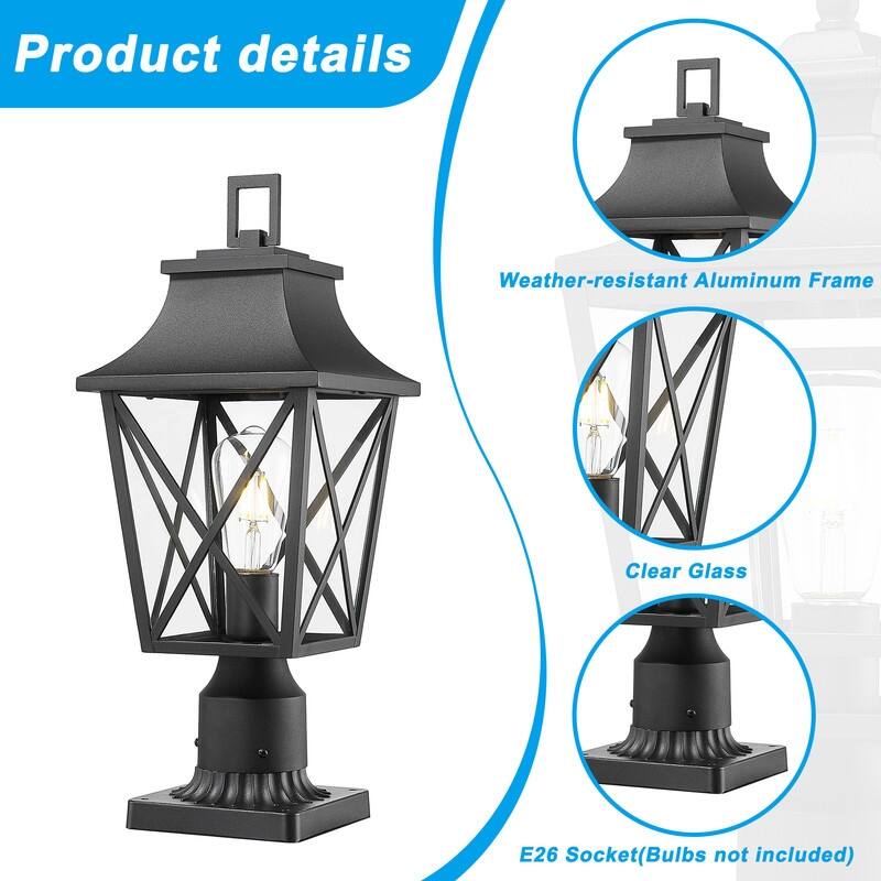 Black Outdoor Post Lights (2-Pack) - Hardwired Lantern Fixtures with Glass & Pier Base for Garden, Patio, and Pathway Lighting