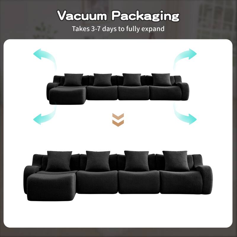 Oversized Sectional Sofa with Ottoman for Living Room, 118" Modern Floor Teddy Fabric Sofa L-Shape Couch with 4 Throw Pillows