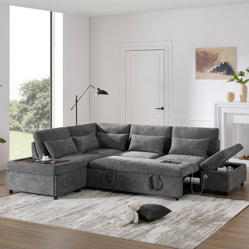 Premium Modular Sectional Pull-Out Sofa Bed with Adjustable Armrests, Movable Storage Ottoman, USB & Type-C Ports