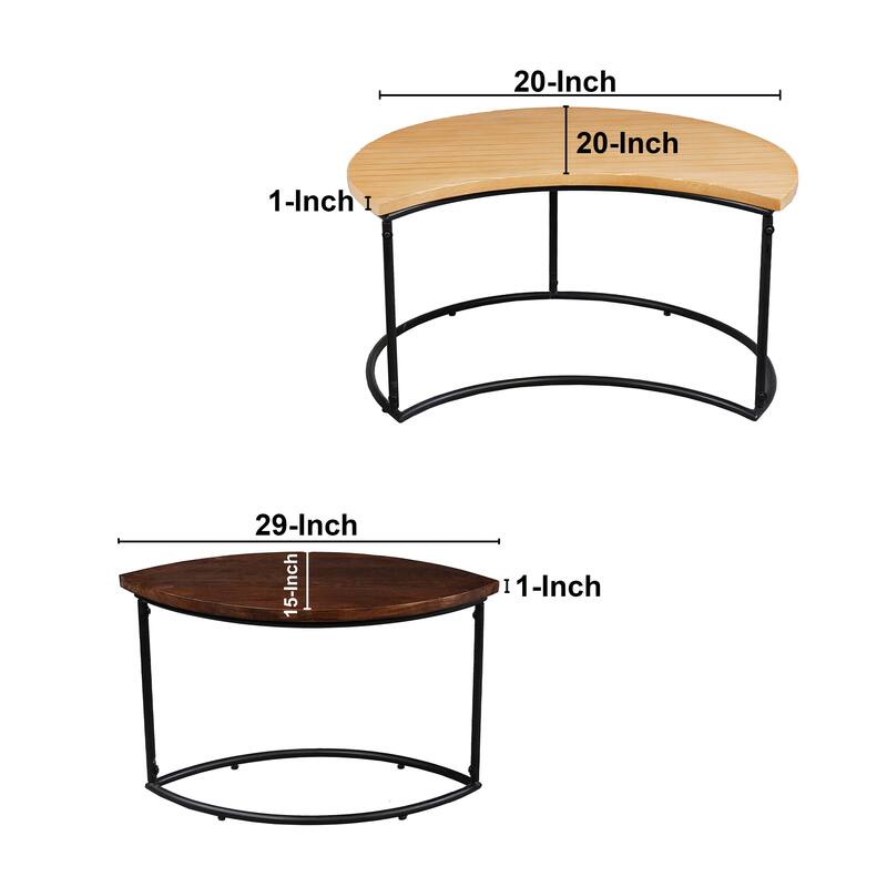 35 Inch 2 Piece Coffee Table with Black Iron Frame, 2 Tone Mango Wood Top In Natural Brown and Walnut