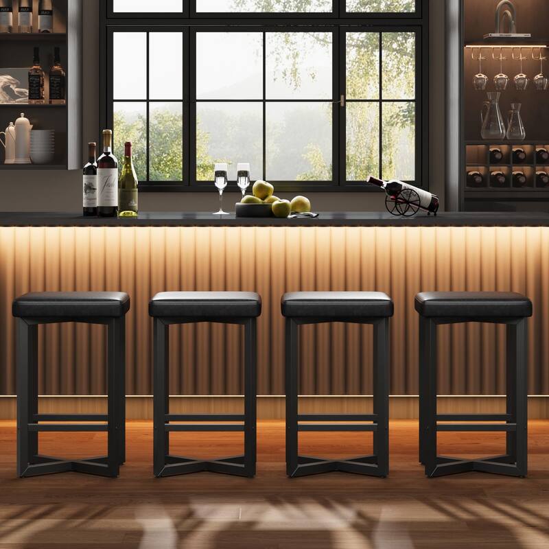 Bar Stools Set of 2, 24.6" Upholstered Counter Height Bar Stools with Metal Frame & Footrest