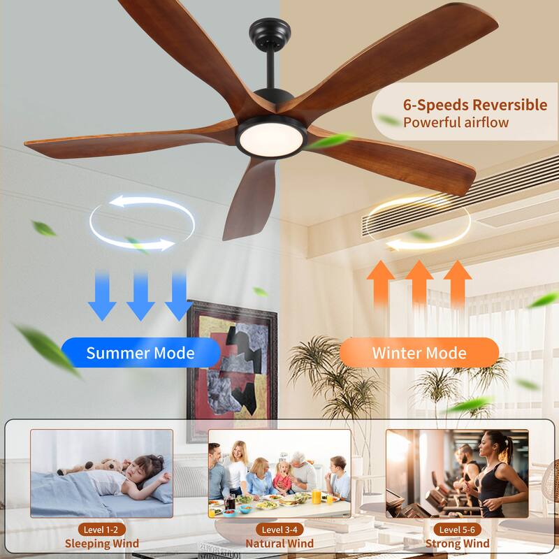 72 Inch Large Ceiling Fan with Light(No Dimmable), 5 Carved Solid Wood Blades Fan, Noiseless Reversible DC Motor - Natural Wood