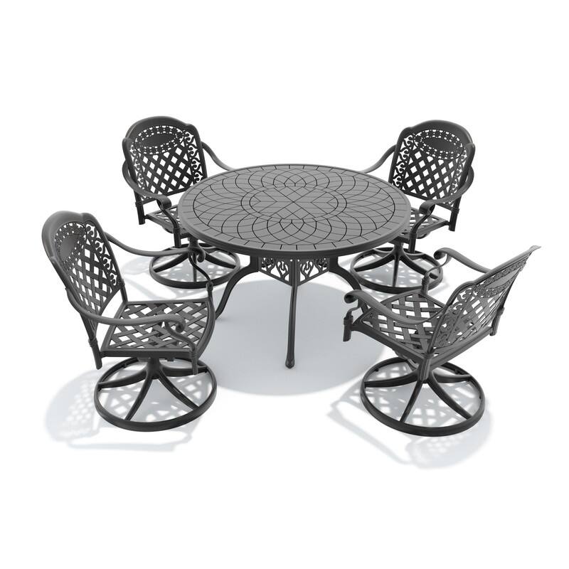 5-Piece Aluminum Round Outdoor Patio Dining Set, 4 Cushioned Swivel Chairs, Table, All-Weather Frames