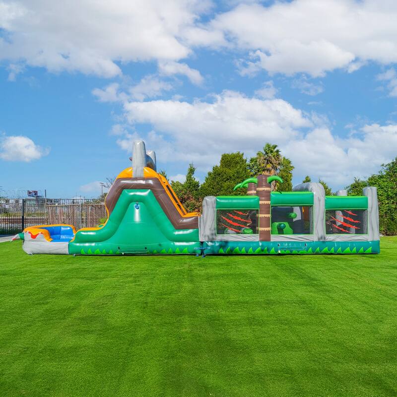 HeroKiddo T-Rex Adventure 42' Inflatable Obstacle Course with Water Slide - Commercial Grade, Wet & Dry Play (Blowers Included)
