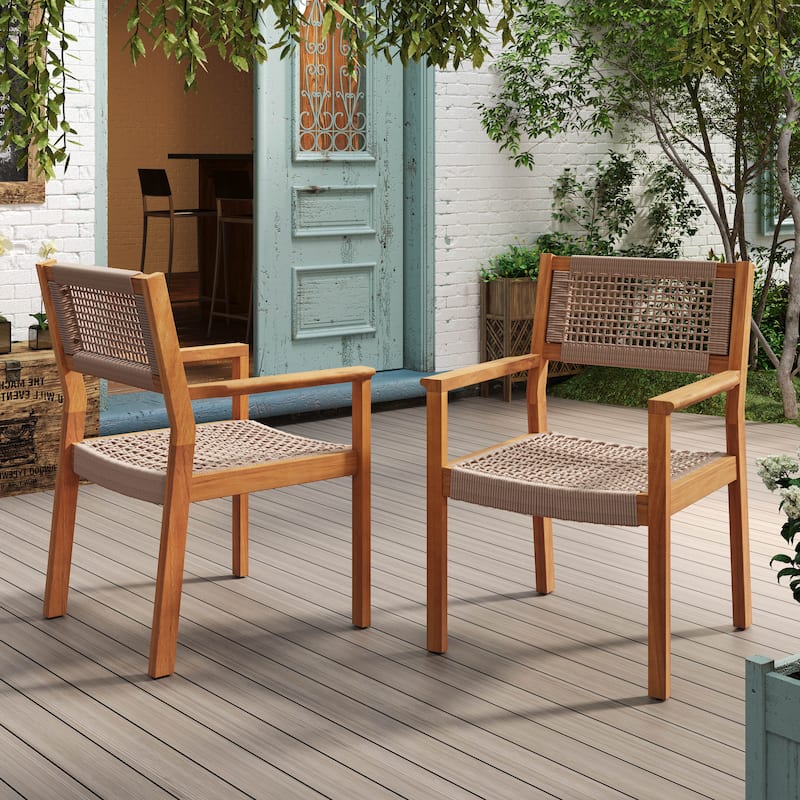 Roomfitters Outdoor Dining Armchairs Set of 2, Wood and Woven Rope Design, Patio Seating with Rustic Charm - Light Brown