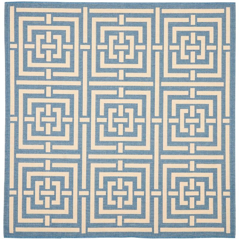 SAFAVIEH Courtyard Ginger Indoor/ Outdoor Waterproof Patio Backyard Rug - 6'7" Square - Blue/Bone
