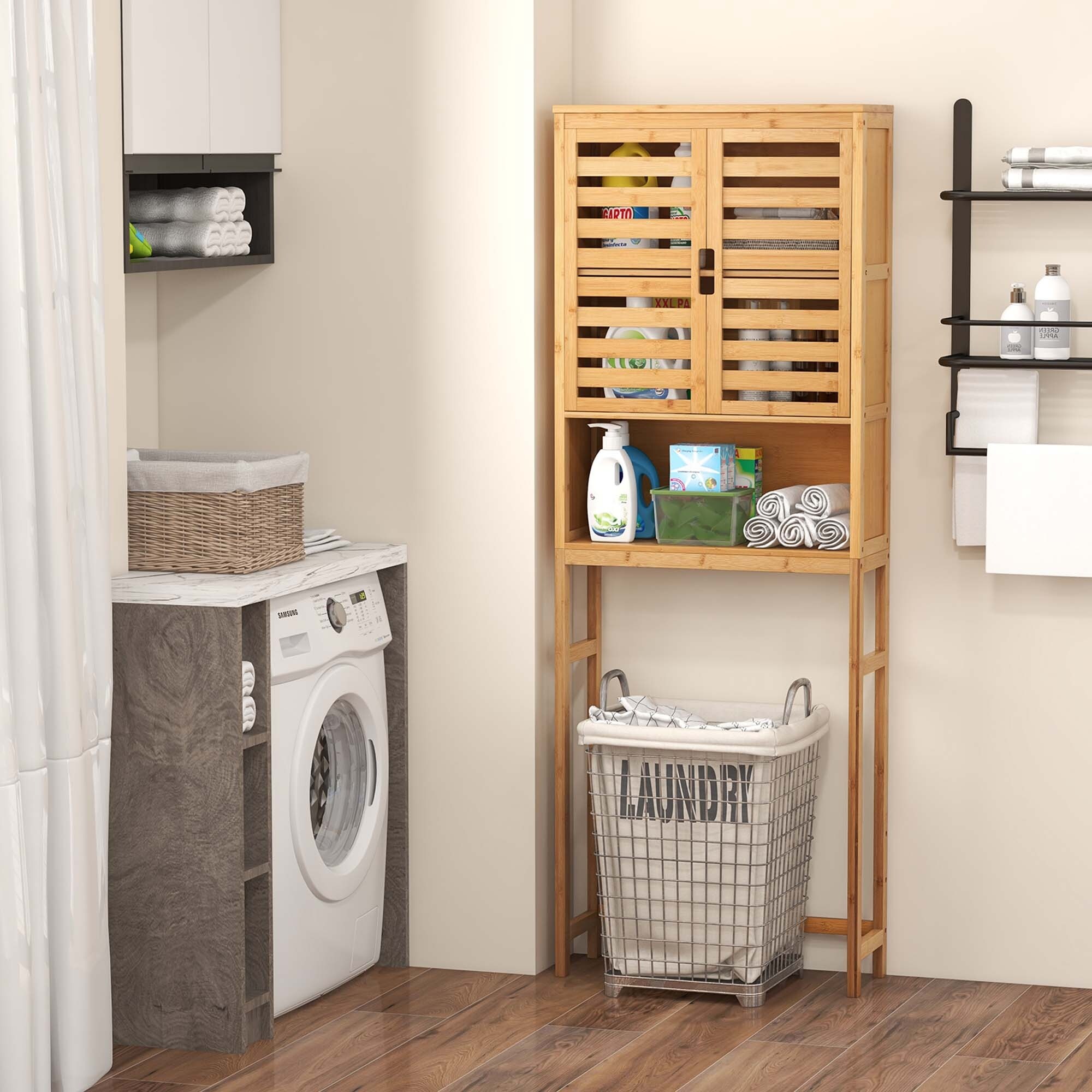 Costway Over the Toilet Storage Cabinet Tall Bathroom Bamboo Shelf