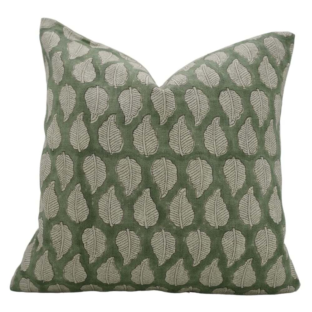 Fabdivine Handmade Green Block Print Floral Thick Linen Pillow Cover for Gift or Fall Living Room Décor Cushioncase, Panchi