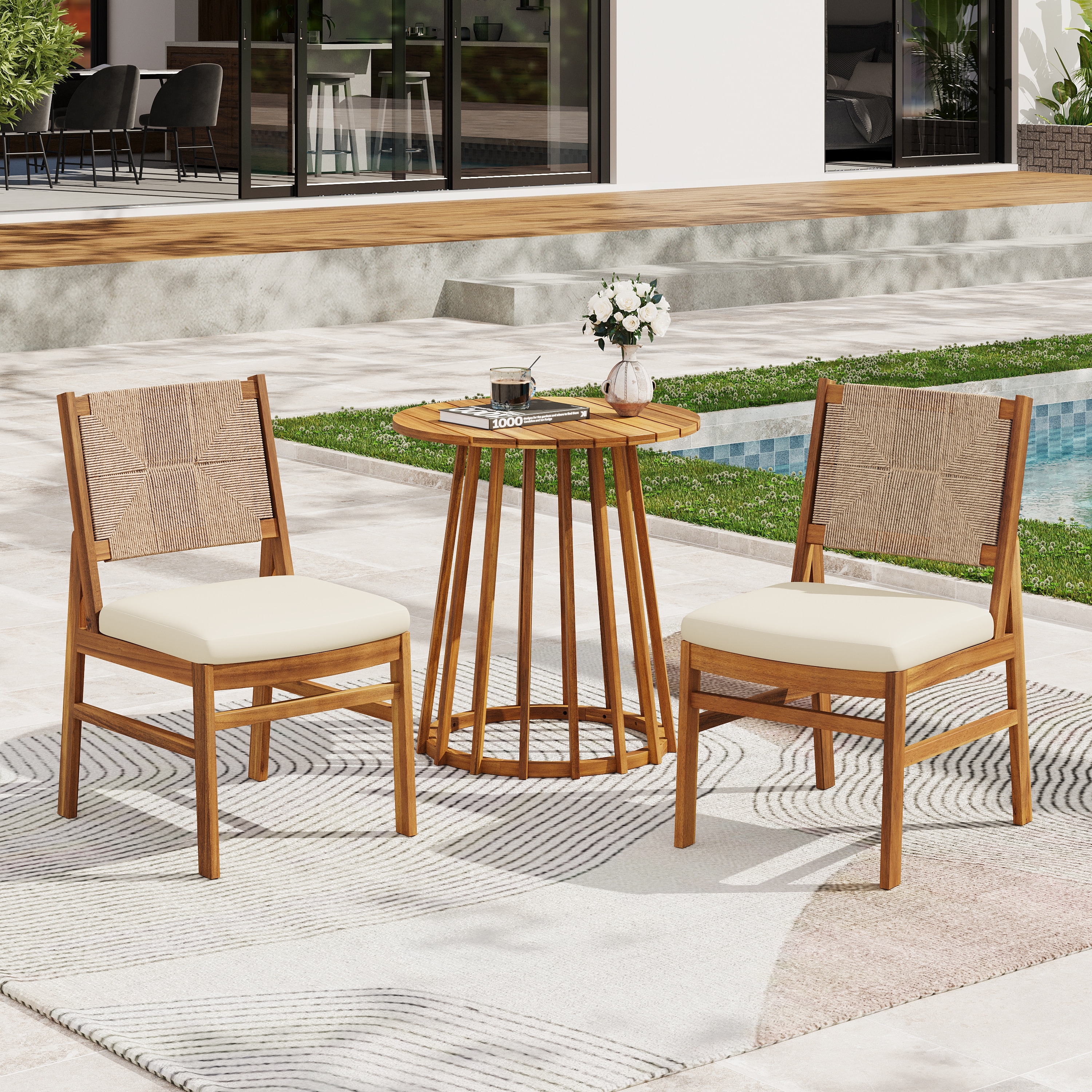Christopher Knight Home - 3-Piece Outdoor Bistro Set Acacia Wood with Teak Finish, Wicker Woven Chairs and Cushions Included