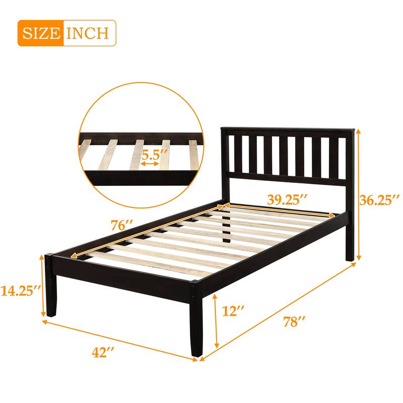 Twin Size Wood Platform Bed with Headboard and Wooden Slat Support