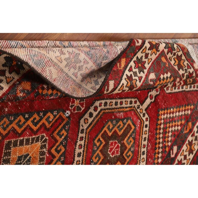 Red Geometric Distressed Bakhtiari Persian Vintage Wool Carpet - 5'0"x 10'1"