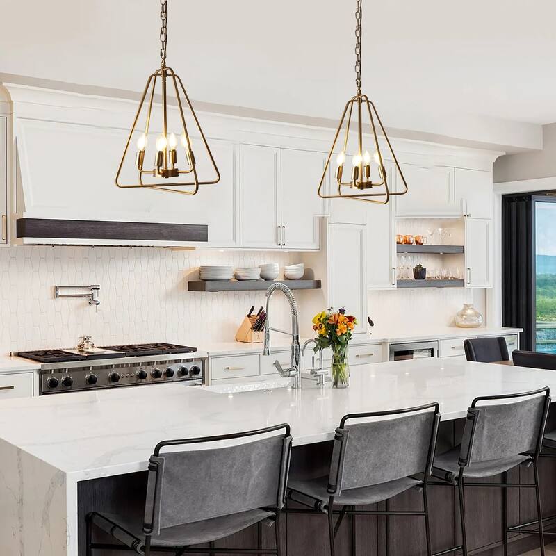 Modern Gold 4-Light Lantern Chandelier Dimmable Pendant for Kitchen Island Foyer - Brass Gold - 15.7"Dx20.9"H