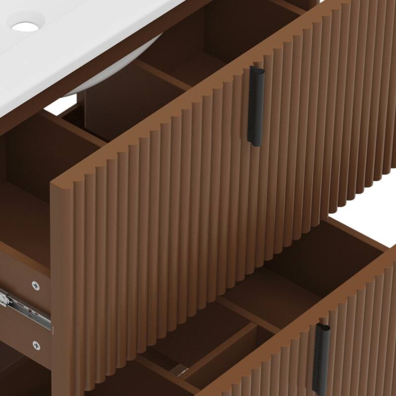 Bathroom Vanity with Ceramic Sink, Freestanding Bathroom Storage Cabinet, Fluted Bathroom Vanity with 2 Full-Extension Drawers