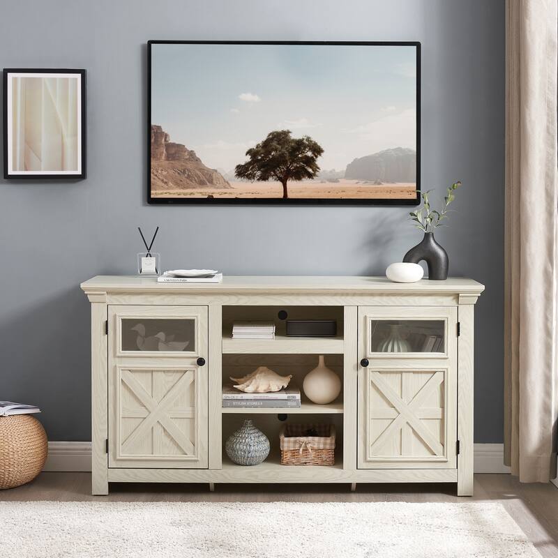 Farmhouse TV Stand, 2-Door Cabinet Media Stand with Barn Design and Open Shelving, for Living Room, White