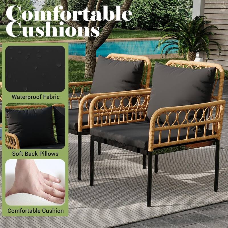 4-Piece Patio Rattan Wicker Furniture Set with Glass Coffee Table for Balcony