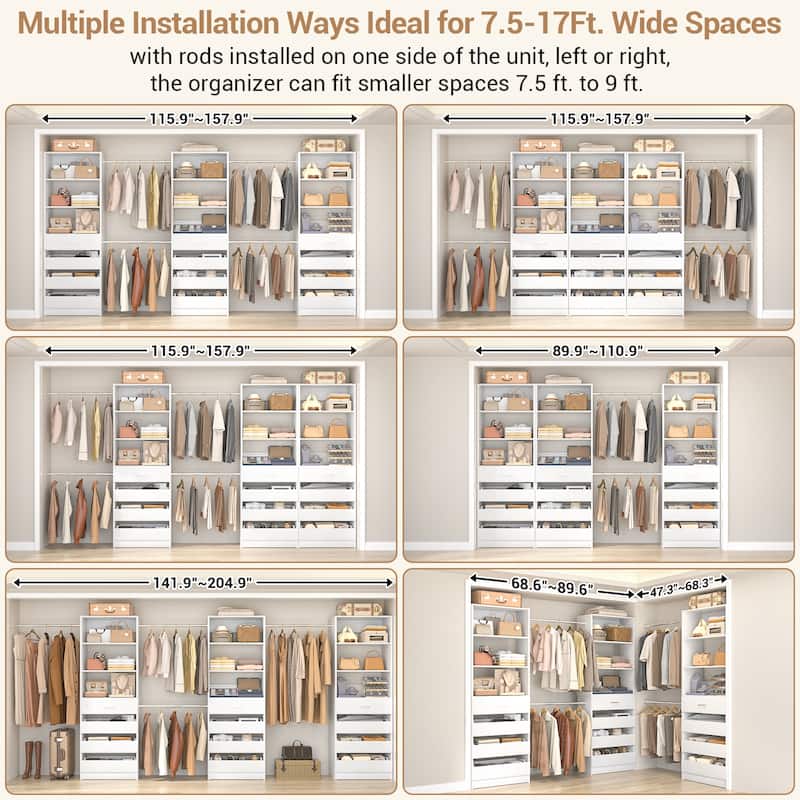 140'' Walk-in Closet Organizer System with 12 Drawers ＆ 4 Hanging Rods, 8.5-11.5FT Wooden Wardrobe Clothes Rack with 3 Towers