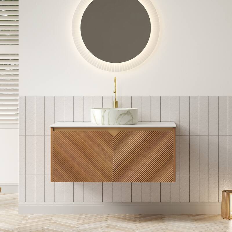 36" Bathroom Vanity with Vessel Sink, Wall-Mounted Floating Storage Cabinet with Double Doors - White-Round