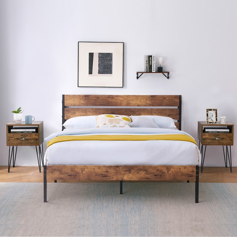 Taomika 3-Pieces Industrial Bed and Modern Square Nightstands Set - Brown - Queen