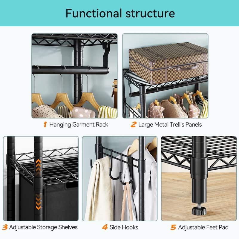 Laundry Hamper Sorter with Garment Rack Hanging Rod and Adjustable Shelf