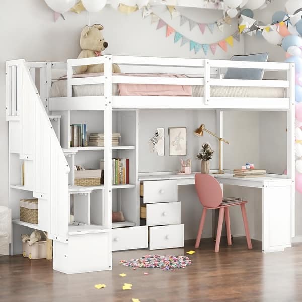 slide 2 of 13, Twin Size Loft Bed with L-Shaped Desk and Drawers, Cabinet and Storage Staircase, Space Saving White