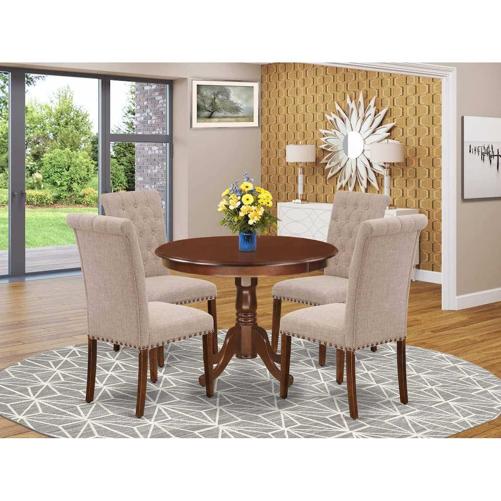 HomeStock 5-Piece Round Mahogany Finish Solid Wood Top Dining Table with 4-Parson Chair