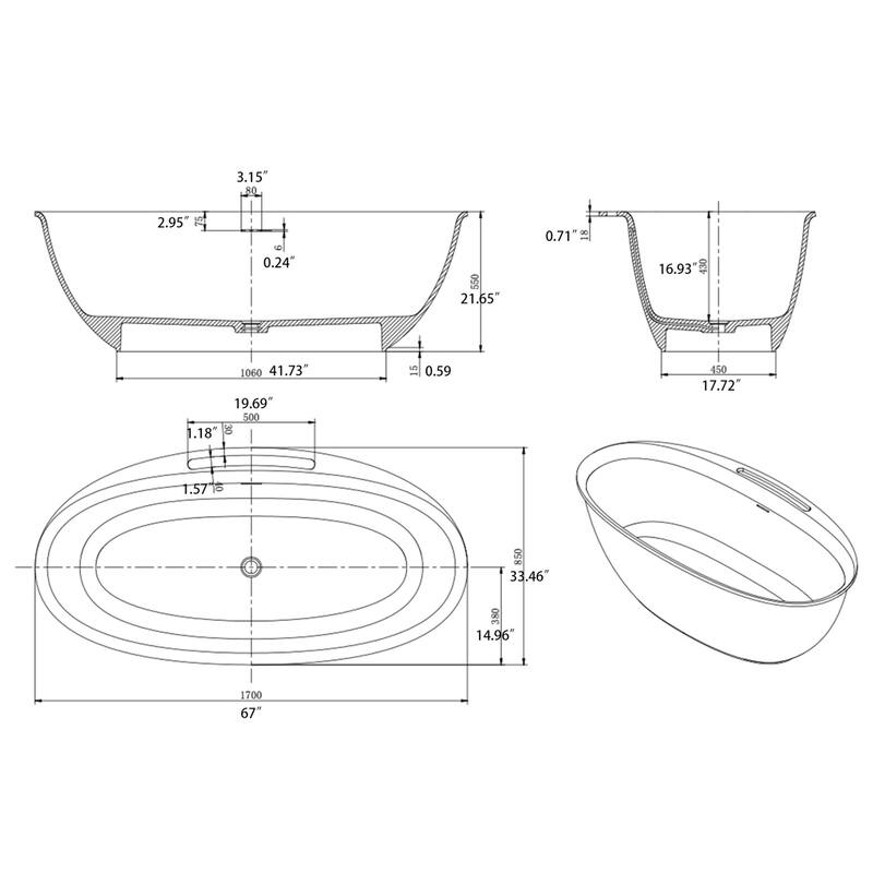 63/67 Inch Stone Resin Solid Surface Freestanding Soaking Bathtub with Center Drain in Matte White