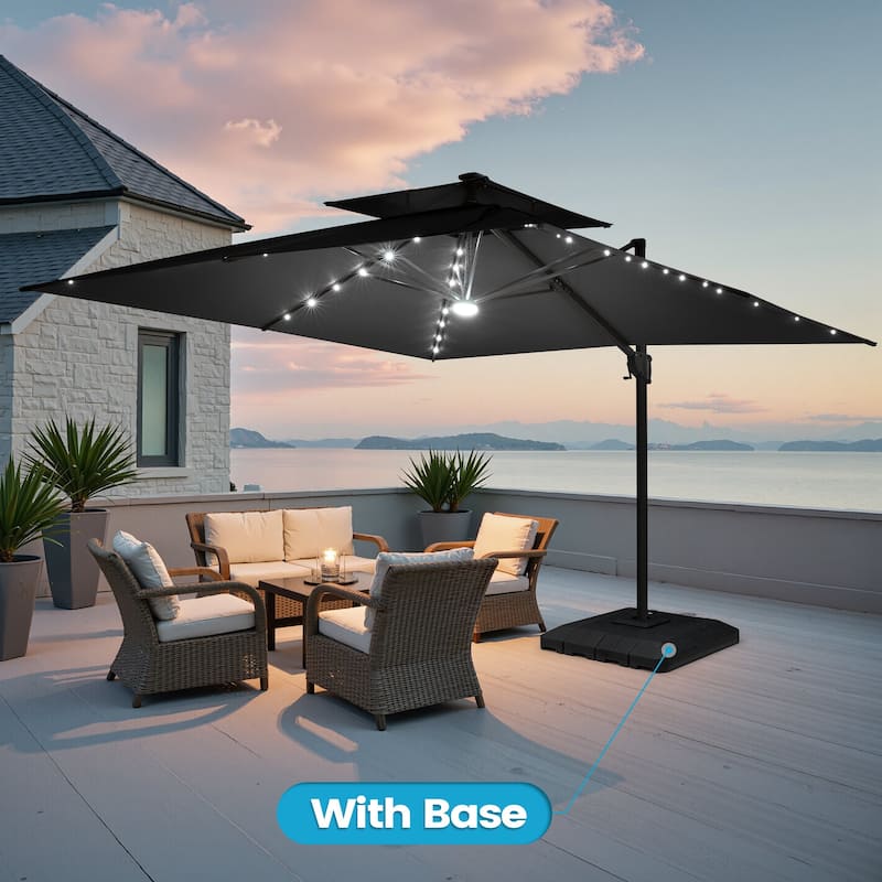 11FT Patio Cantilever Umbrella LED Lights Double Top Umbrella with 4-Piece Fillable Weighted Base