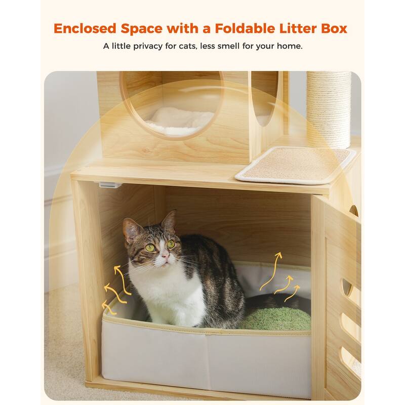 Adjustable Hright 6-Tiers Floor to Ceiling Cat Tree with Litter Box