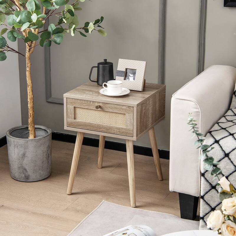 Gymax Nightstand Bedside End Sofa Table with Rattan Drawer for Bedroom