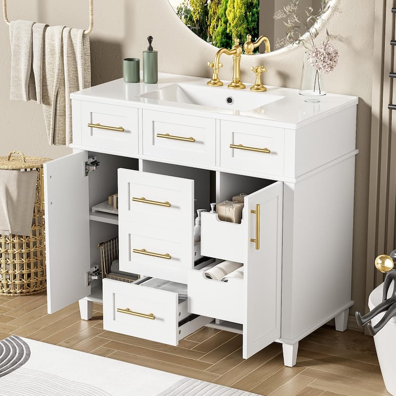 36" White Bathroom Vanity Cabinet with Ceramic Sink,Versatile Storage