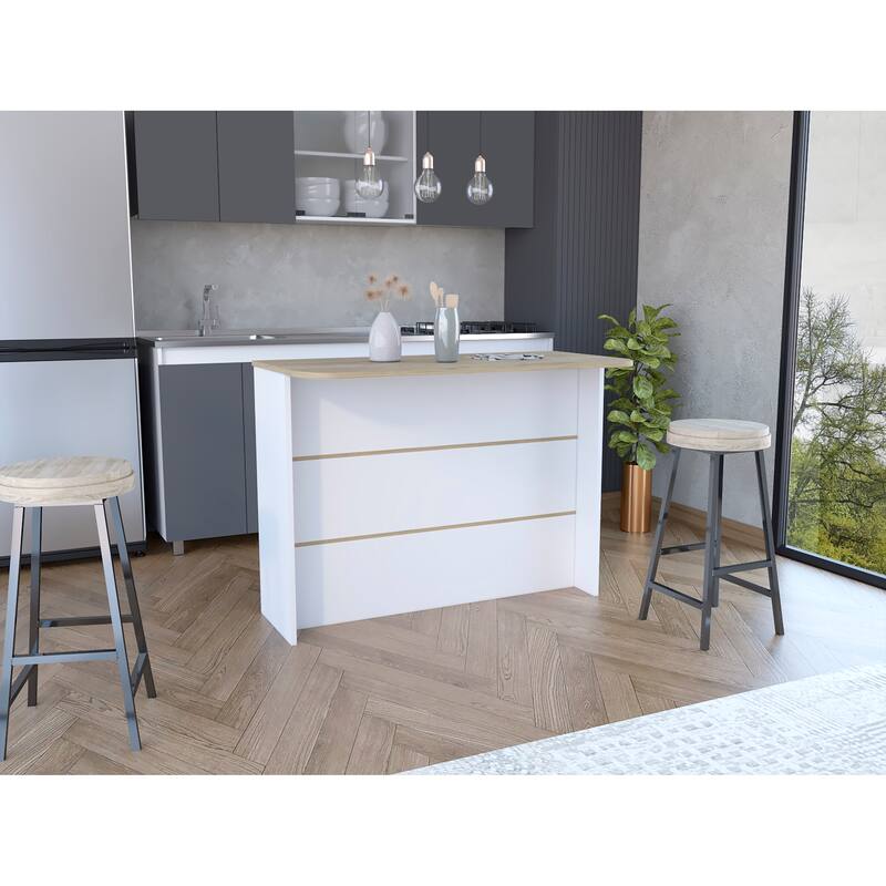 Kitchen Island with Two-Tier Storage Shelf and Ample Workstation, White / Light Pine