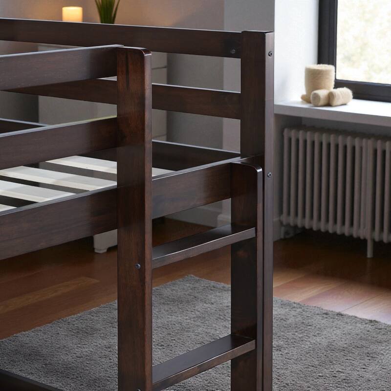 Solid Rubber Wood Twin Over Twin Floor Bunk Bed with Ladder, Low Height Design and Strengthened Slat Support
