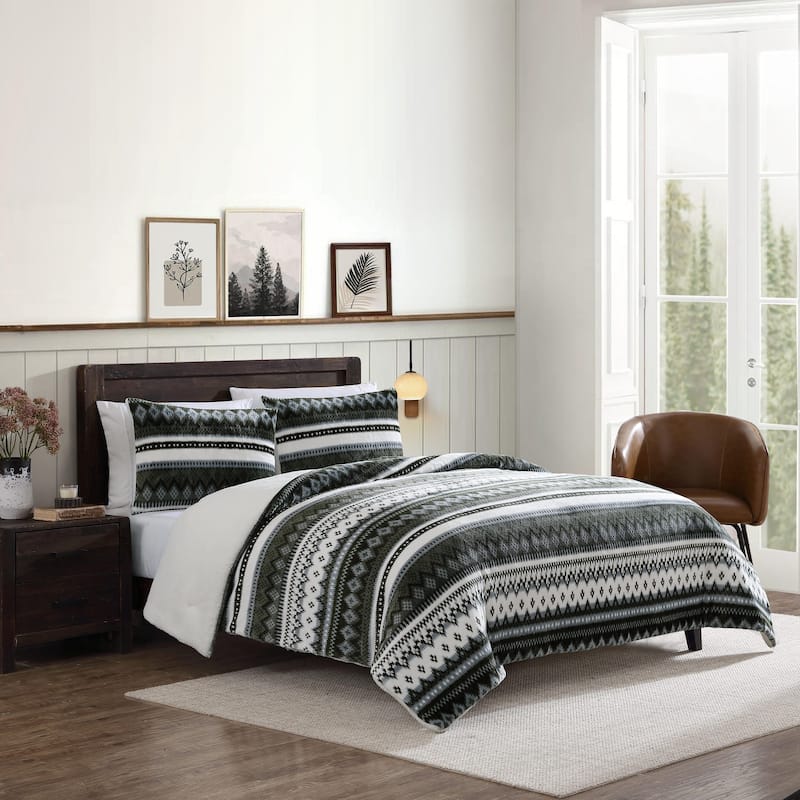 Eddie Bauer Shelton Fair Isle Plush Reversible Comforter Set - Green - Twin