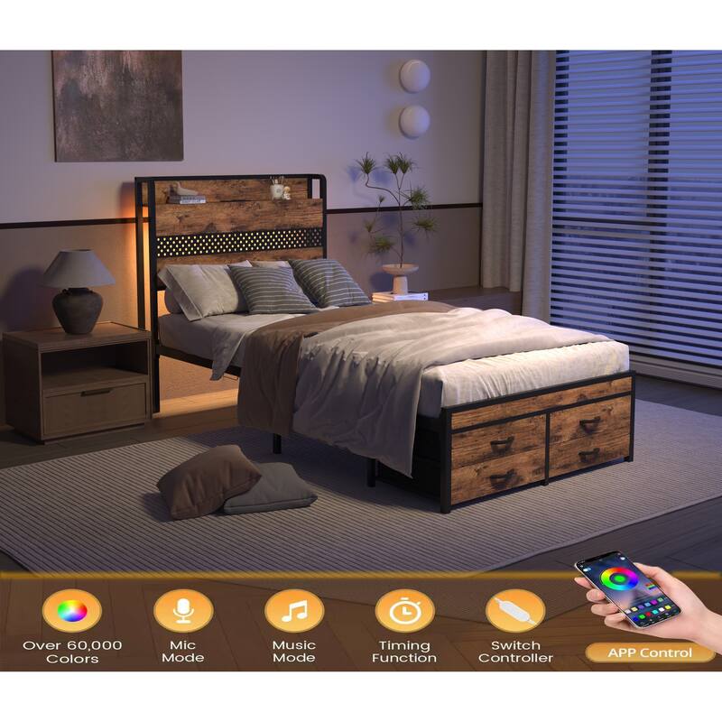 Twin Size Storage Bed with LED Lights, Charging Station & 4 Drawers