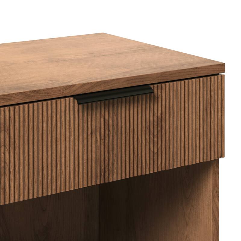 Modern Nightstand with Fluted Drawer and Open Cubby, Mocha Finish