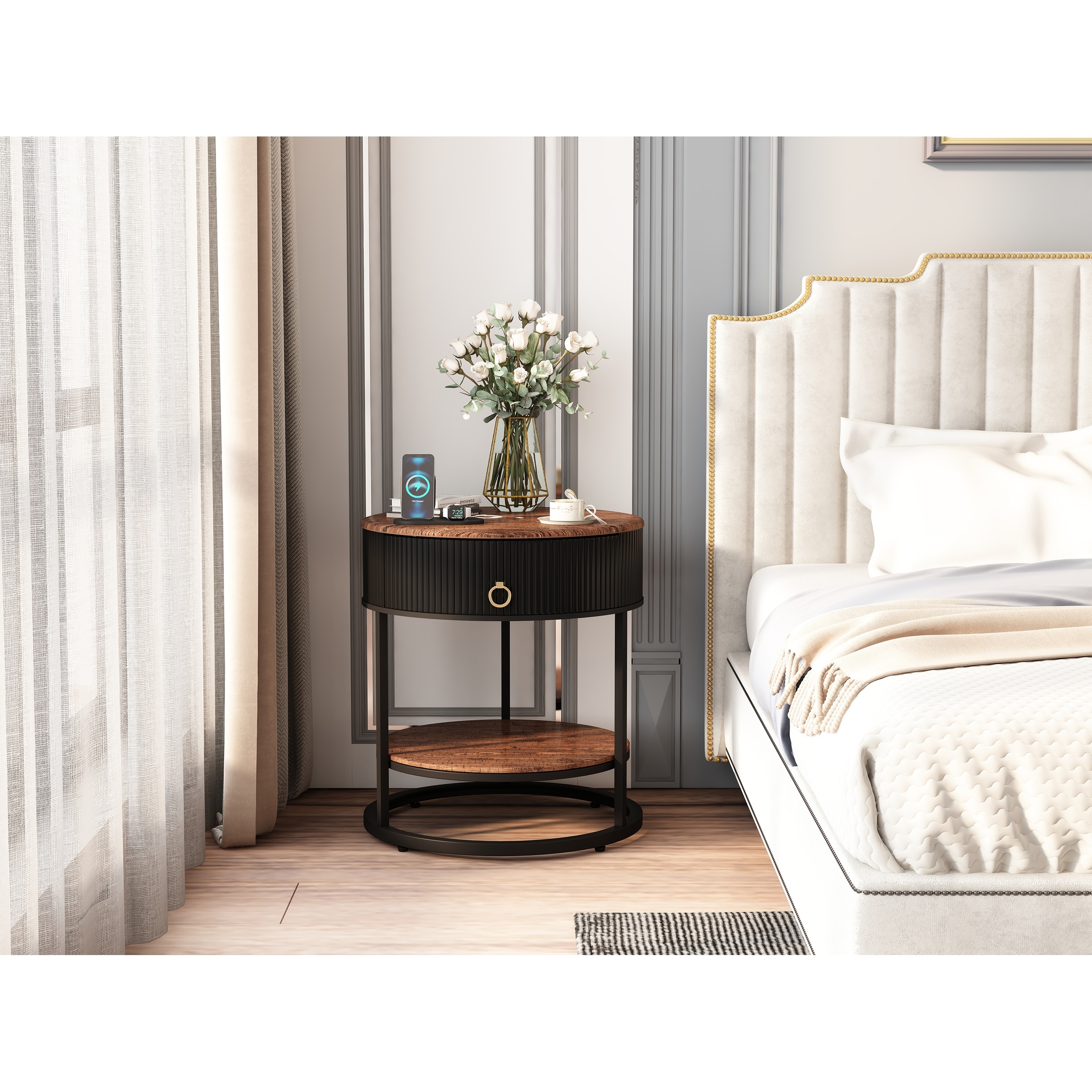 Myhozm Round End Table with Storage, Modern Bedside Furniture for Bedroom, Living Room