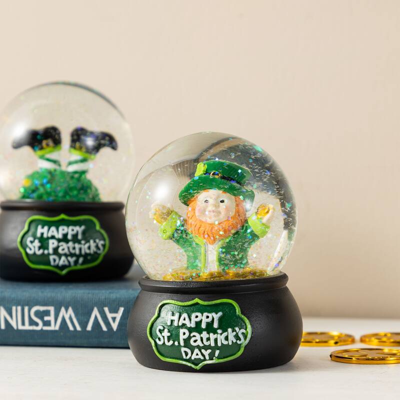 Glitzhome 3.5"H Set of 2 65mm St.Patrick's Resin Leprechaun Waterglobes