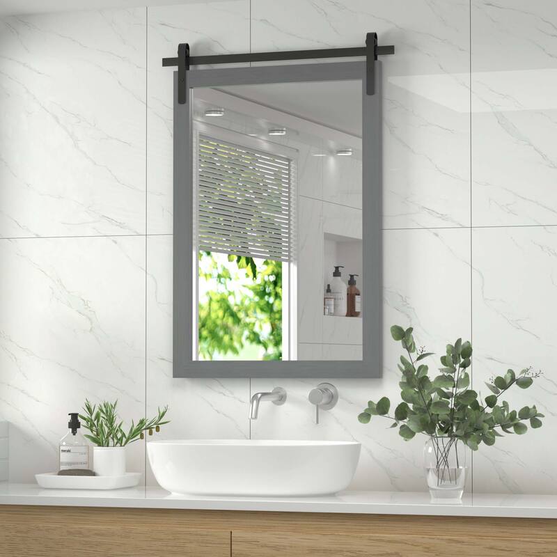 Rustic Farmhouse Rectangle Wood Frame Wall Mirror for Bathroom Vanity - 18W * 26H Inches - Grey
