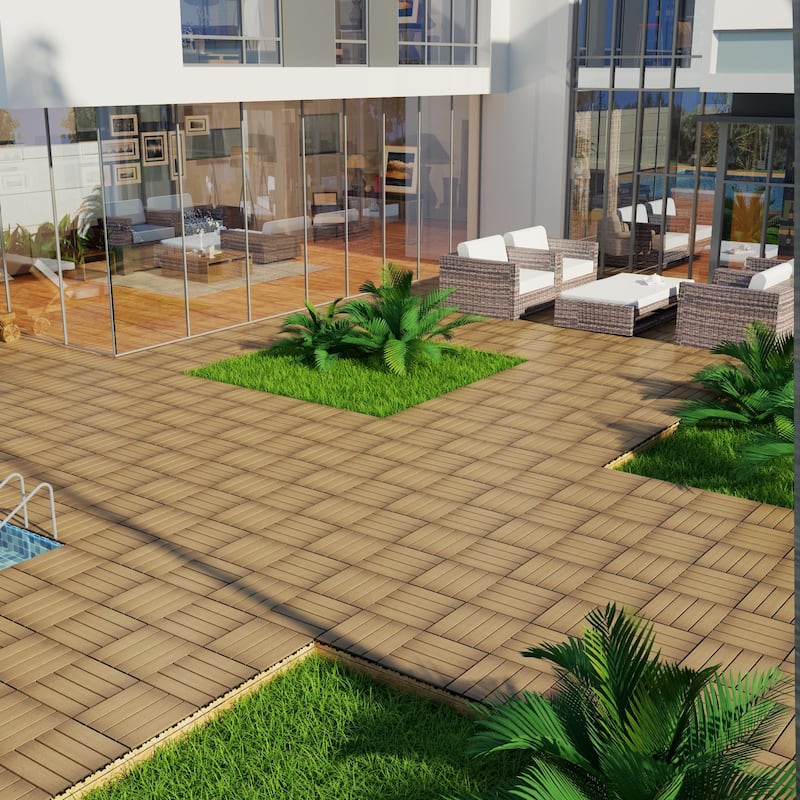 Patio Floor Tiles Pack of 22 WPC Wood-Plastic Composite Patio Deck Tiles DIY Interlocking Decking Tiles