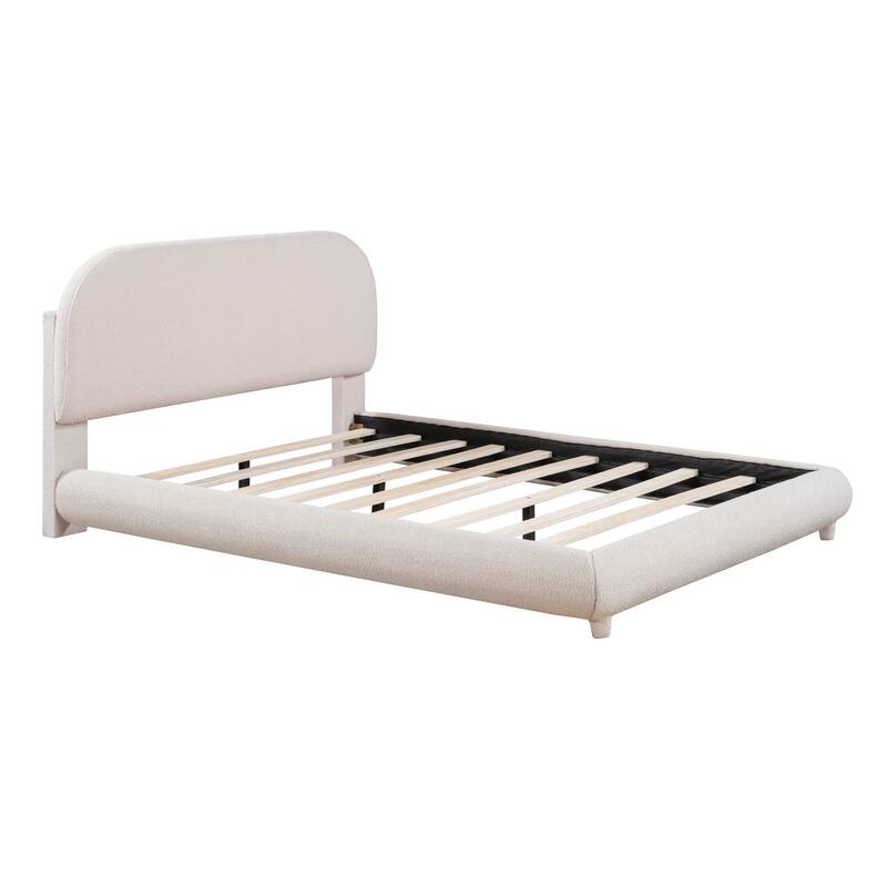 Teddy Fleece Upholstered Platform Bed with Thick Fabric & Solid Wood Slat Support Low Profile Panel Bed Frame,Beige - Full