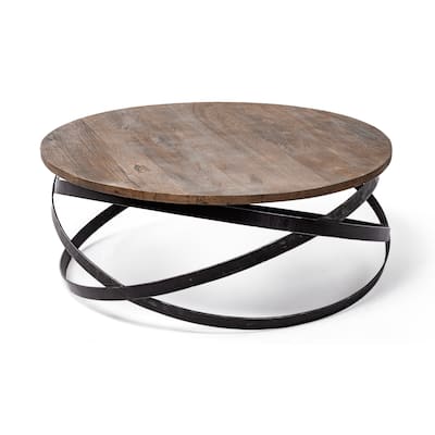 Triumph 40" Round Brown Solid Wood Top Black Metal Base Coffee Table