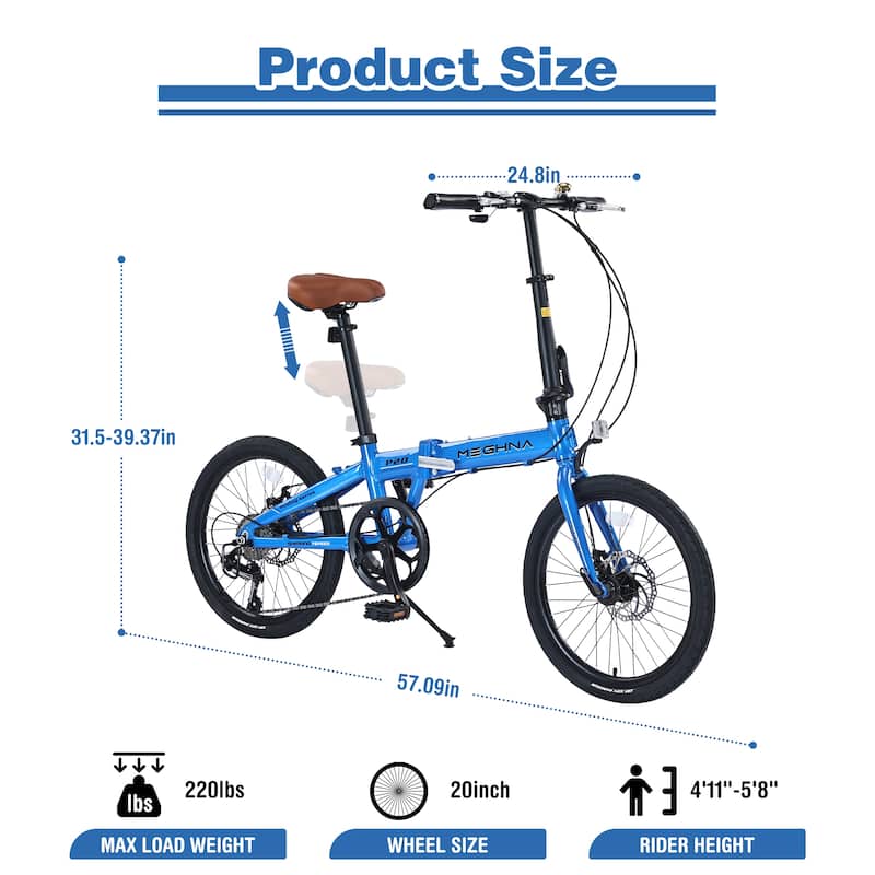 20" Folding City Bike, Lightweight Aluminum Frame,7-Speed Folding Bike