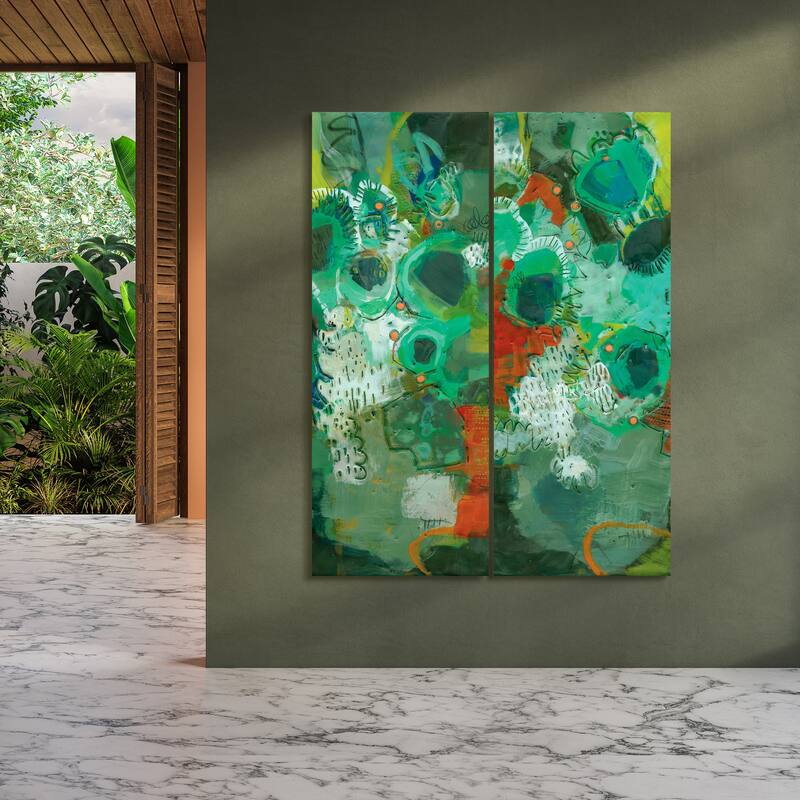 "Lolly I & II" Abstract Wall Art Printed on Frameless Free Floating Tempered Glass Panel - Green