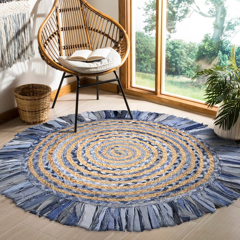 Sevita Organic Jute Braided Area Rug, Denim Blue and Natural - 5'6" Round