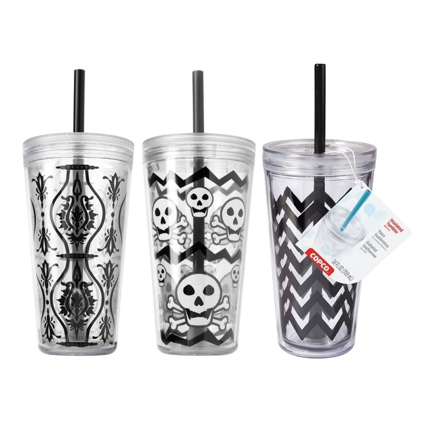 3 Pack Copco Minimus Tumbler With Removable Straw Double Wall Insulation 24 Oz - Chevron Black, Damask Black, Black Skulls