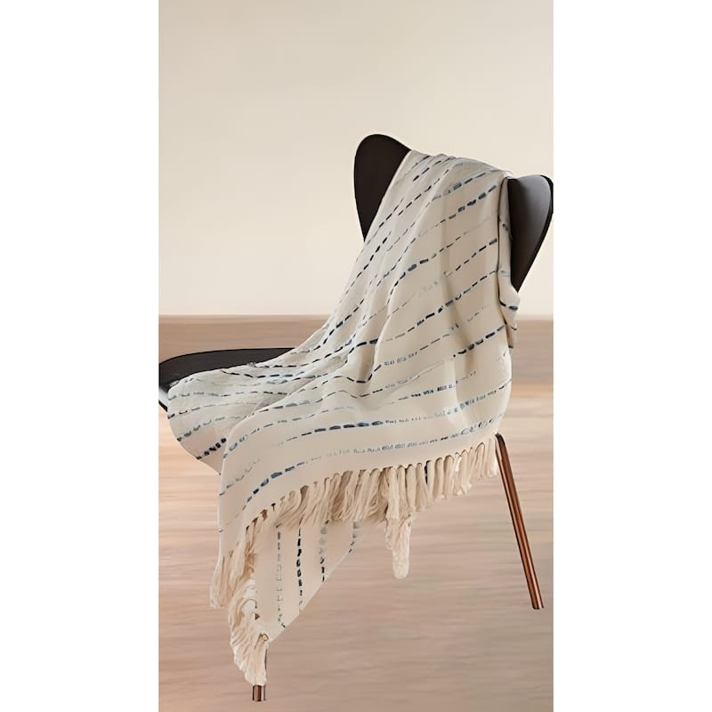 50" X 60" Cream Kantha Cotton Striped Throw Blanket with Embroidery - Throw