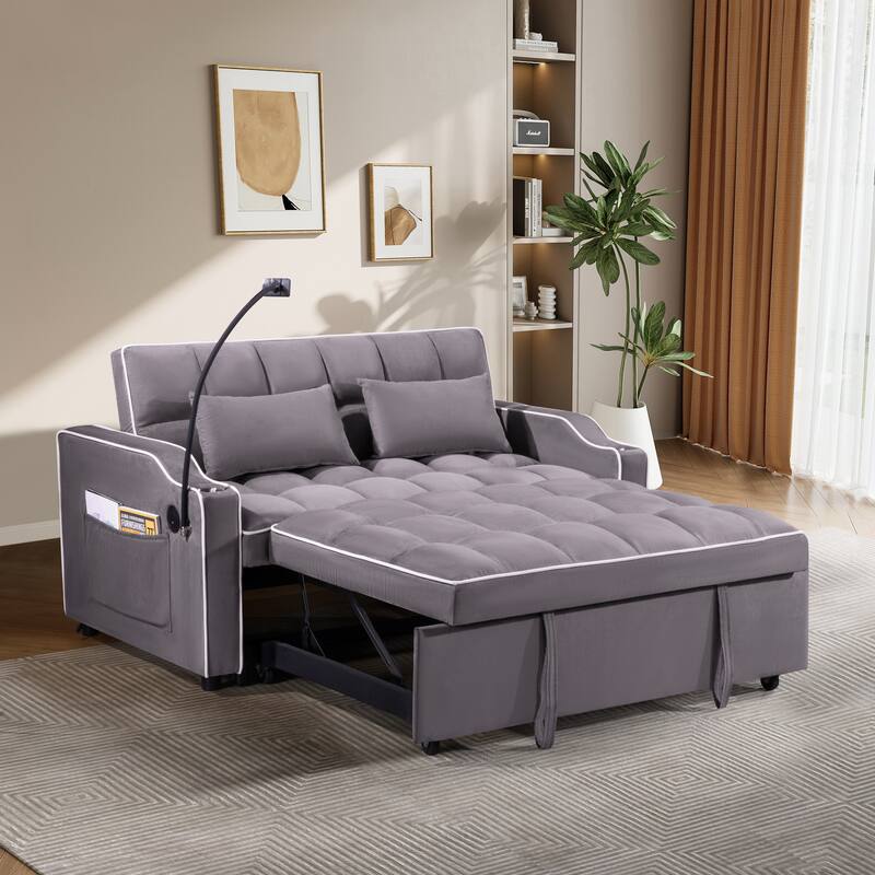 Modern Multifunctional Foldable Sofa Bed with Adjustable Backrest, Upgraded Suede Fabric, USB Port, Ashtray - 55" * 35" * 30" - Grey